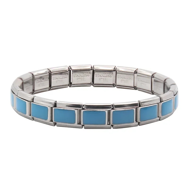 Italian Charms patterned modular bracelet with square elastic titanium steel strap.