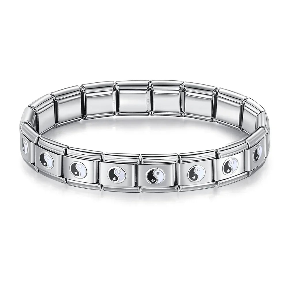 Italian Charms patterned modular bracelet with square elastic titanium steel strap.