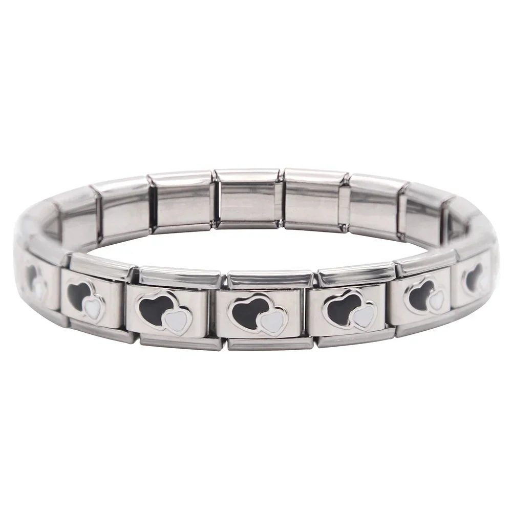 Italian Charms patterned modular bracelet with square elastic titanium steel strap.