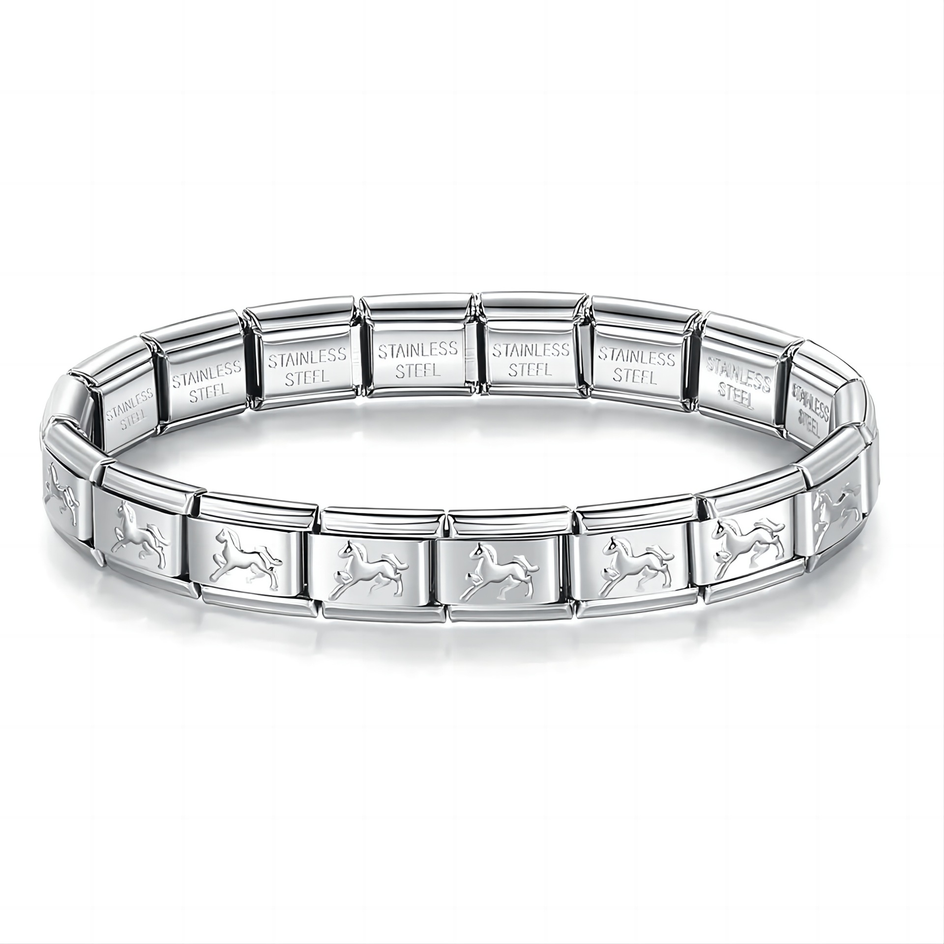Italian Charms patterned modular bracelet with square elastic titanium steel strap.