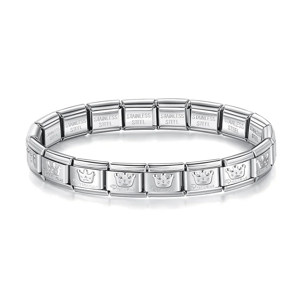 Italian Charms patterned modular bracelet with square elastic titanium steel strap.