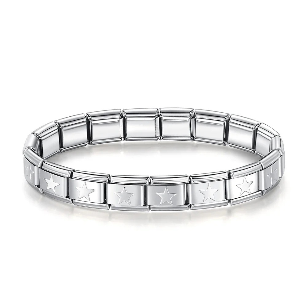 Italian Charms patterned modular bracelet with square elastic titanium steel strap.