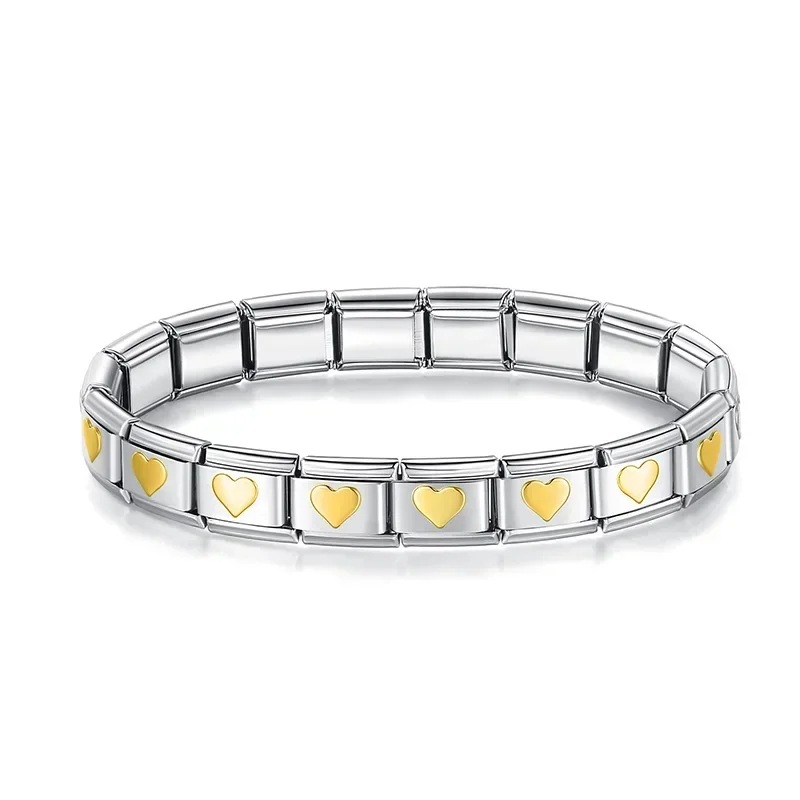 Italian Charms patterned modular bracelet with square elastic titanium steel strap.