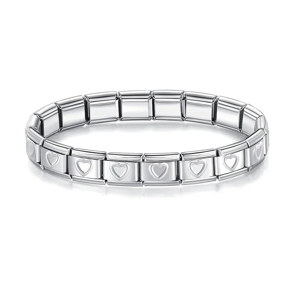 Italian Charms patterned modular bracelet with square elastic titanium steel strap.