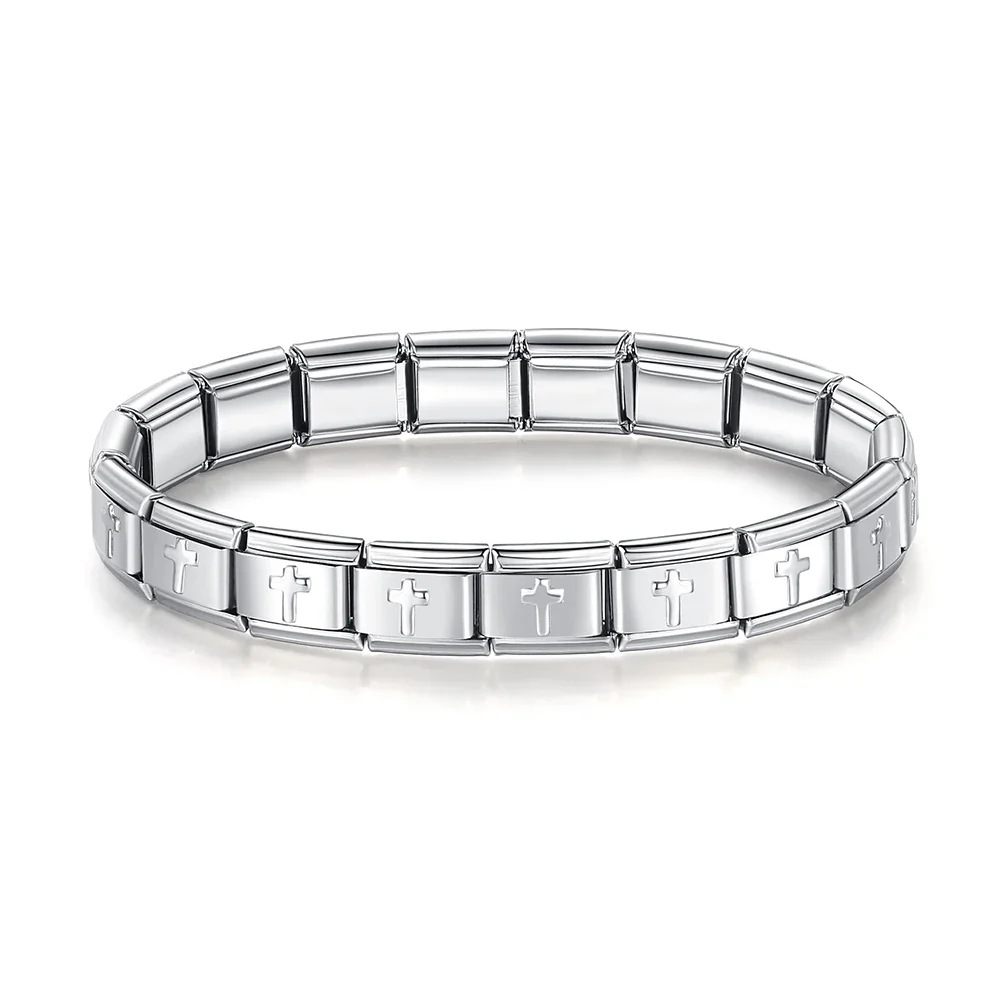 Italian Charms patterned modular bracelet with square elastic titanium steel strap.