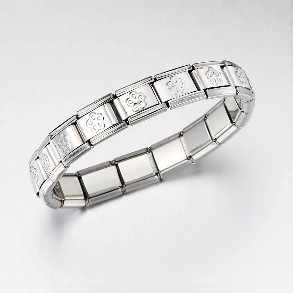 Italian Charms patterned modular bracelet with square elastic titanium steel strap.