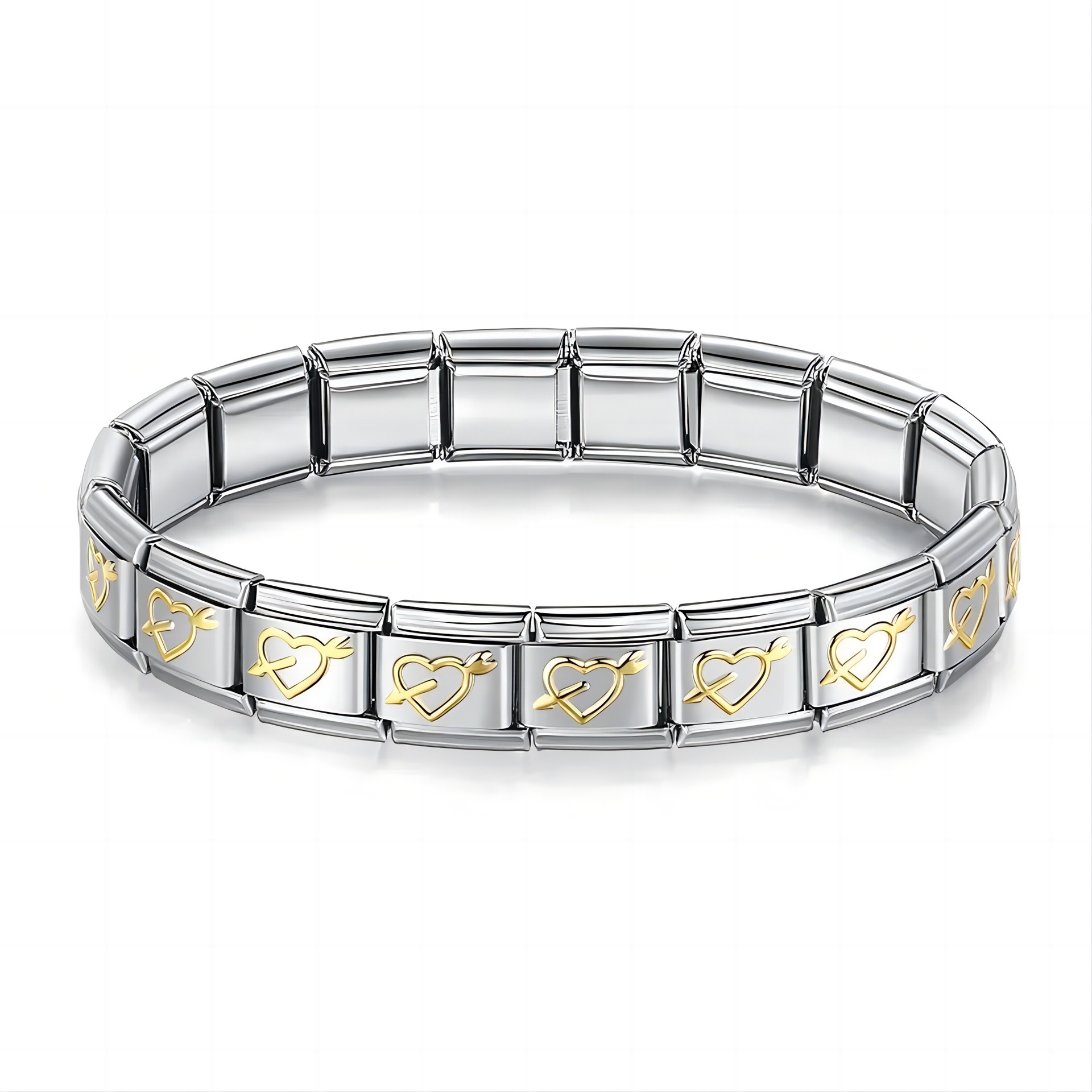 Italian Charms patterned modular bracelet with square elastic titanium steel strap.