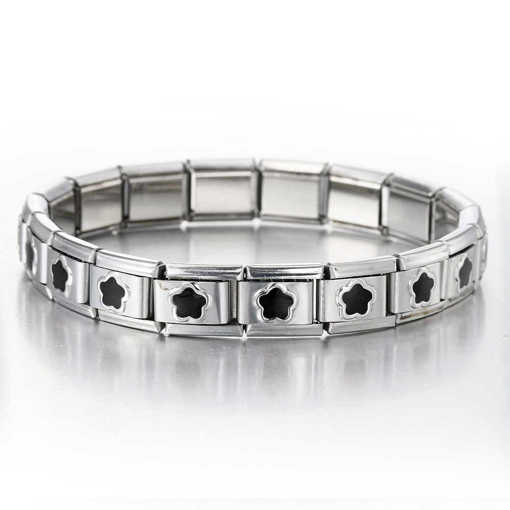Italian Charms patterned modular bracelet with square elastic titanium steel strap.