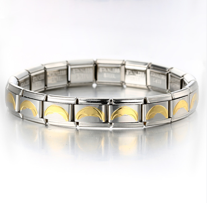Italian Charms patterned modular bracelet with square elastic titanium steel strap.