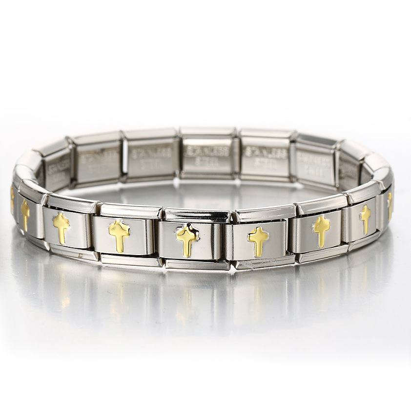 Italian Charms patterned modular bracelet with square elastic titanium steel strap.