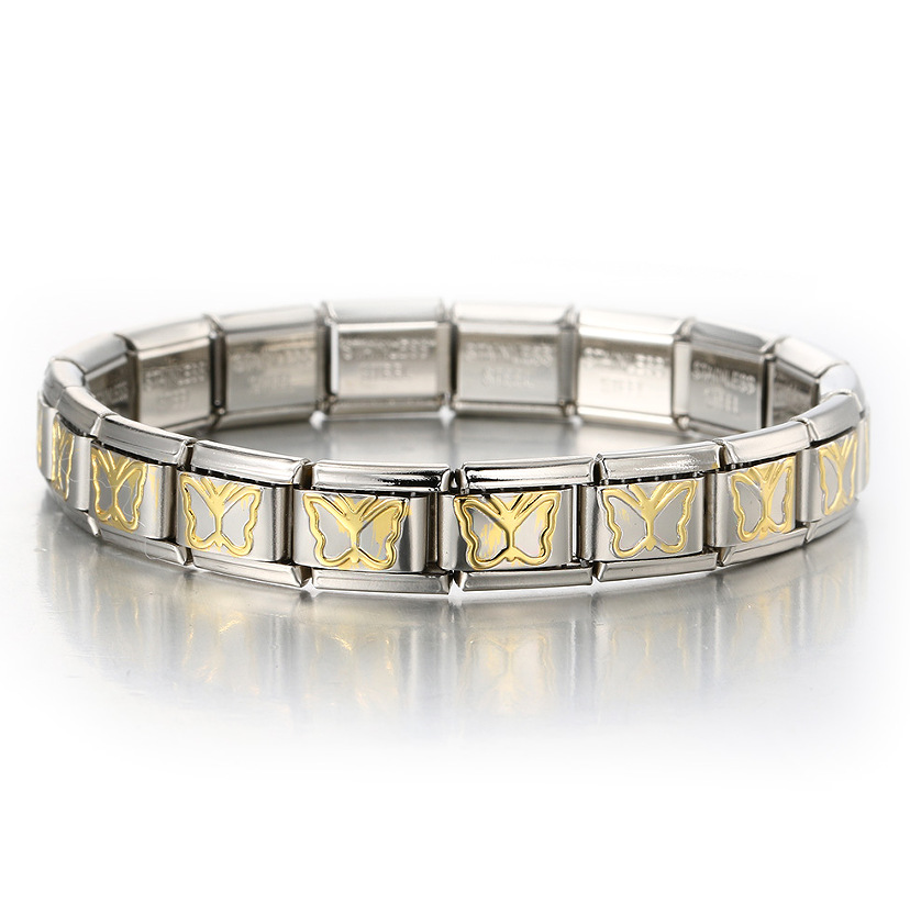 Italian Charms patterned modular bracelet with square elastic titanium steel strap.