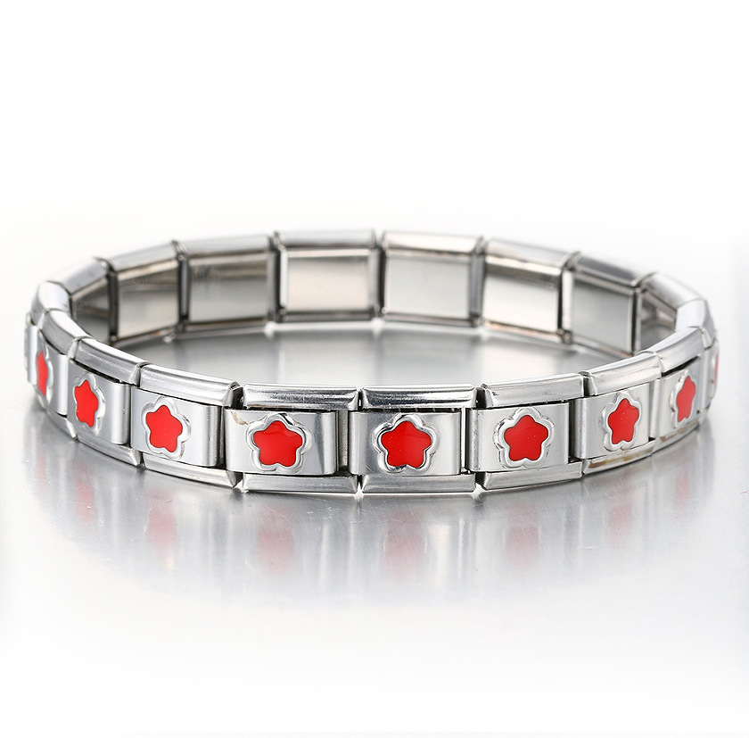 Italian Charms patterned modular bracelet with square elastic titanium steel strap.