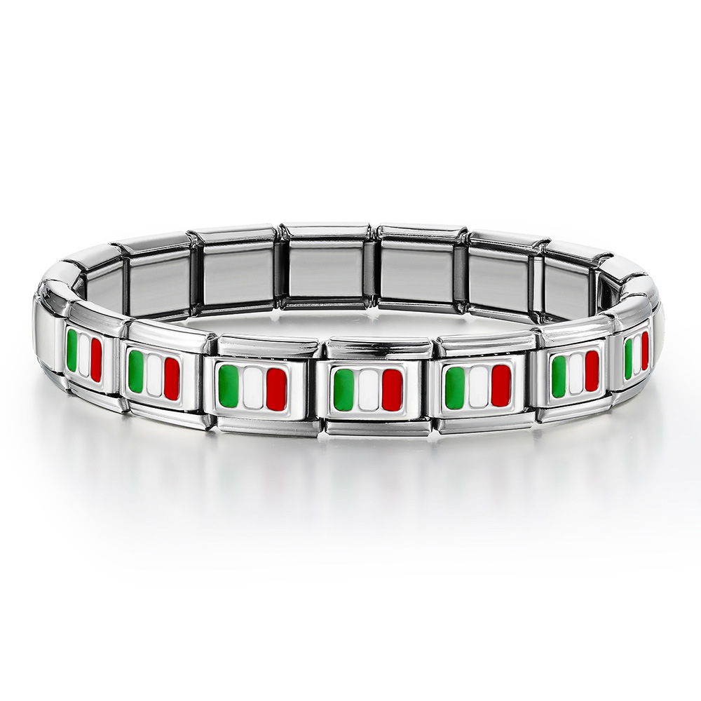 Italian Charms patterned modular bracelet with square elastic titanium steel strap.