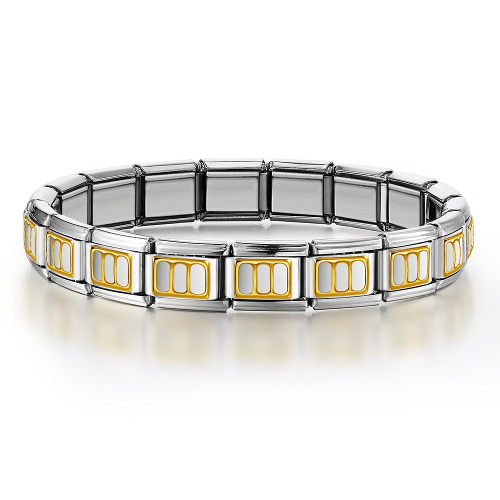 Italian Charms patterned modular bracelet with square elastic titanium steel strap.