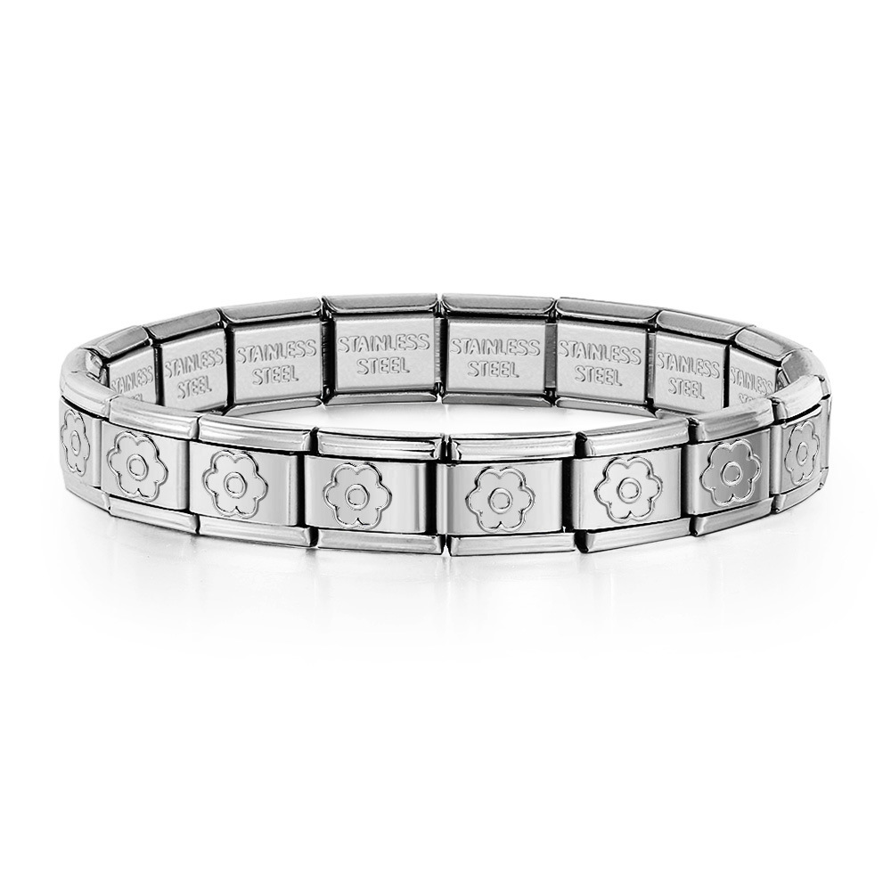 Italian Charms patterned modular bracelet with square elastic titanium steel strap.