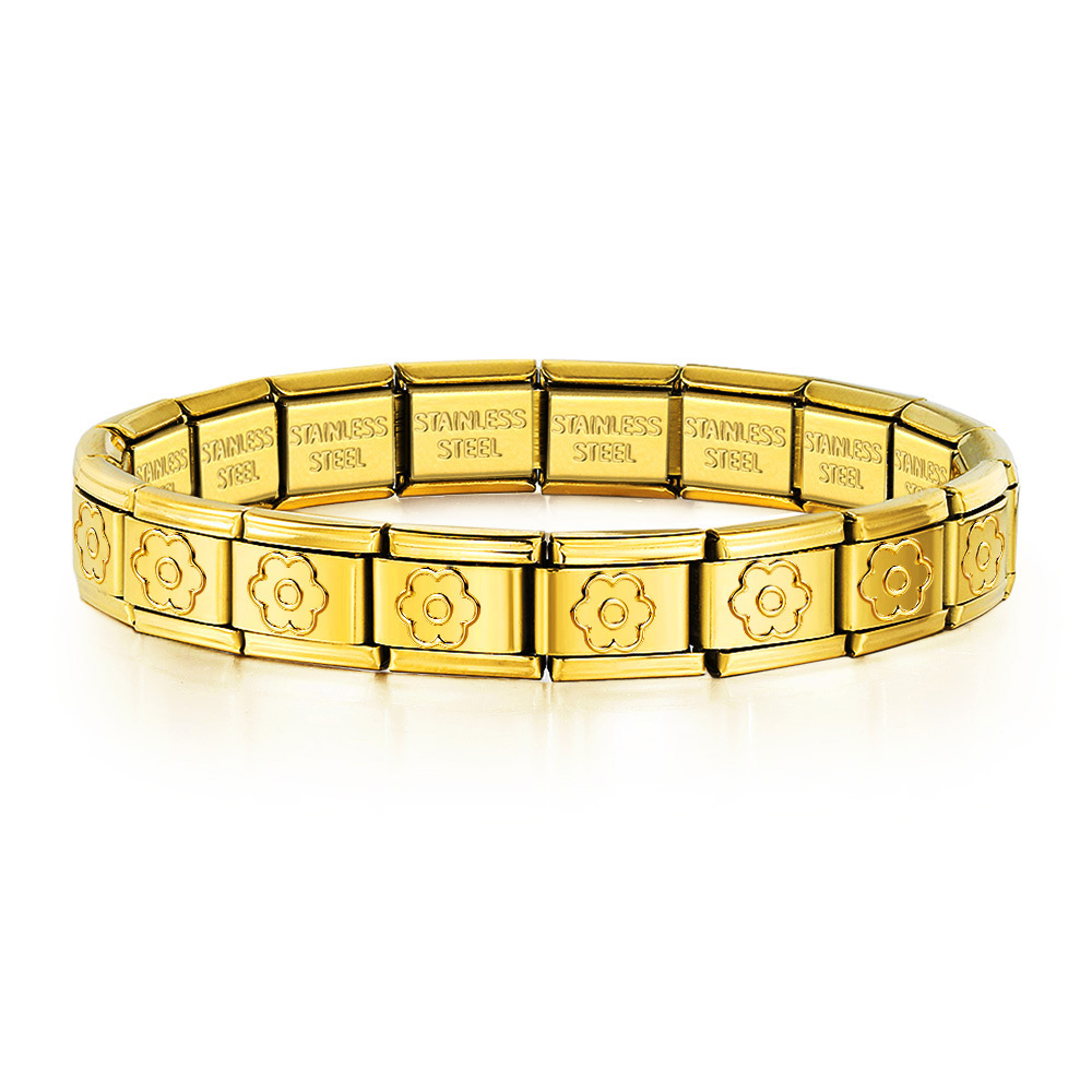 Italian Charms patterned modular bracelet with square elastic titanium steel strap.