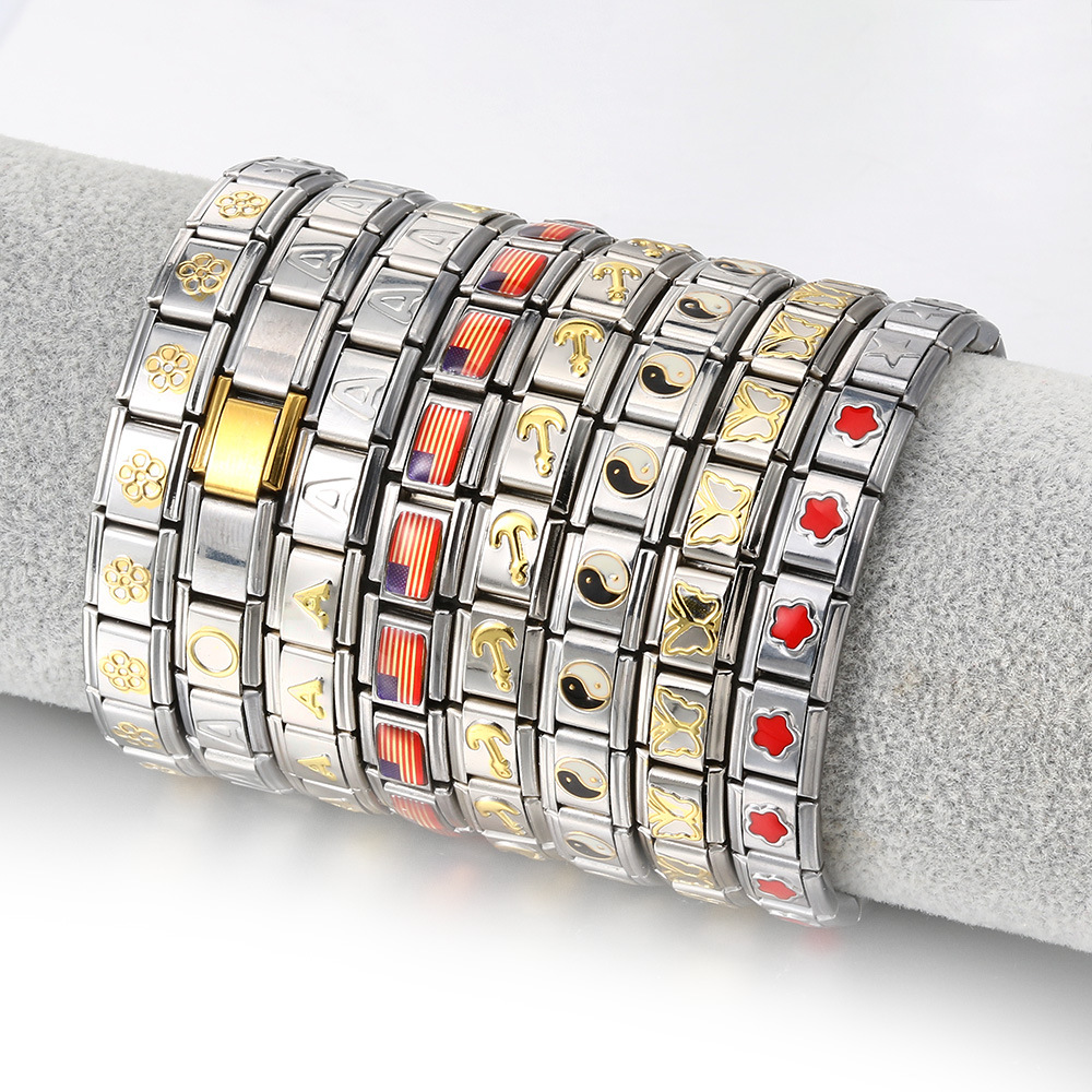 Italian Charms patterned modular bracelet with square elastic titanium steel strap.