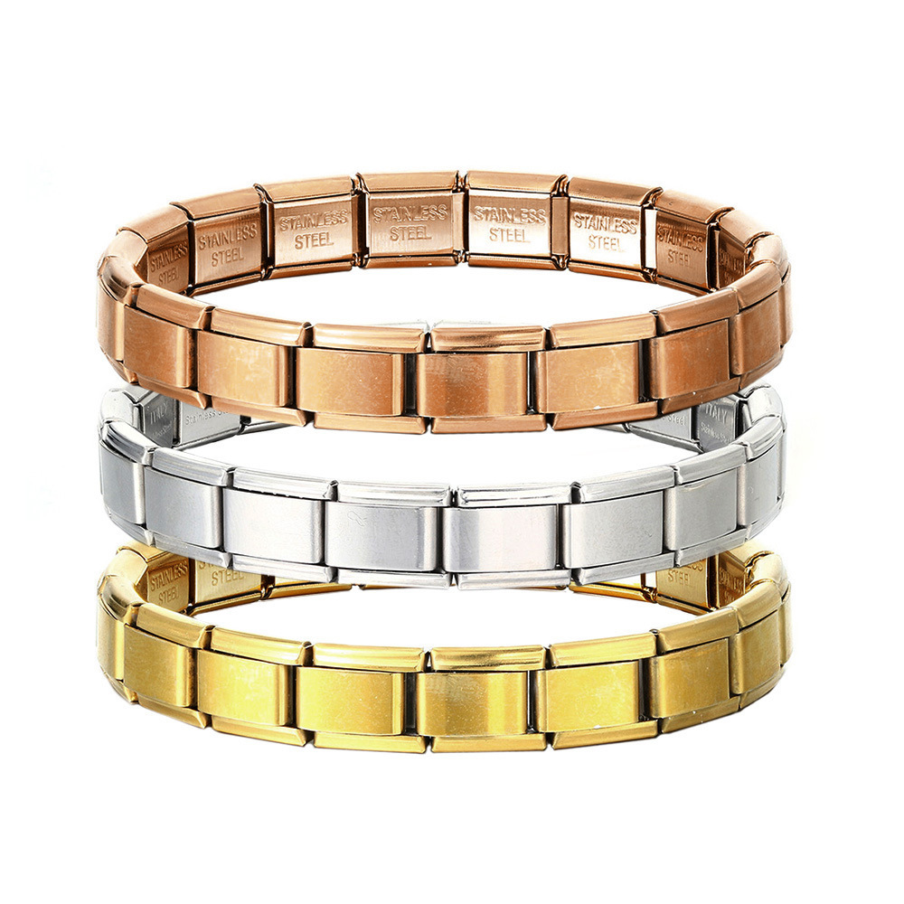 Italian Charms patterned modular bracelet with square elastic titanium steel strap.