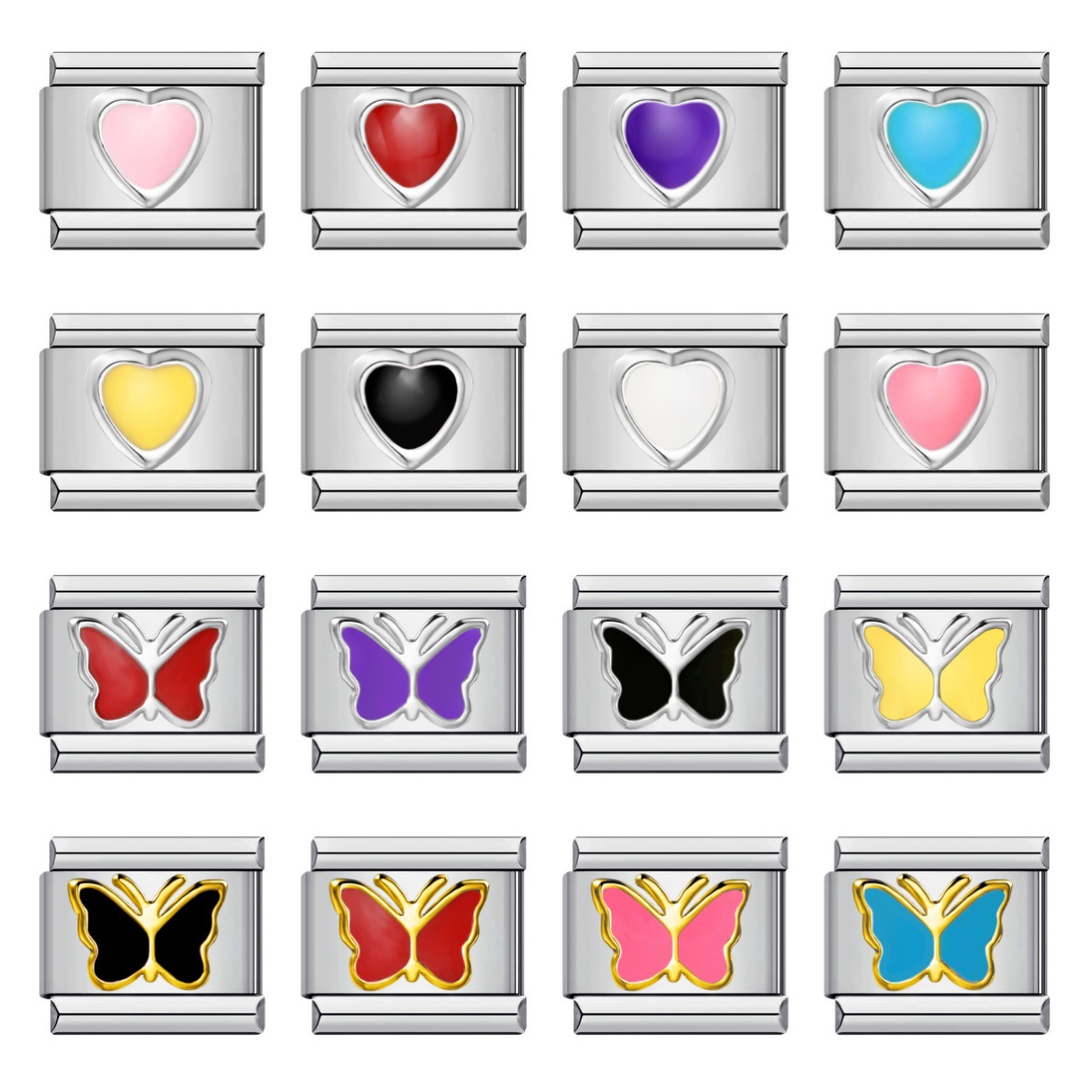 DIY Italian Modular Bracelet with Stamped Heart and Butterfly Pattern in Titanium Steel and Colorful Oil Drip Design