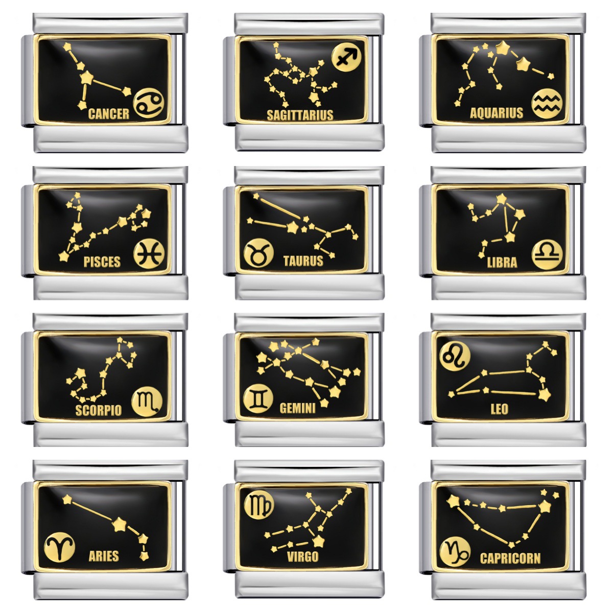New 12 Constellation Series Italian Modular Bracelet, Stainless Steel Welded Gold Plated Oil Drip DIY Pattern Bangle