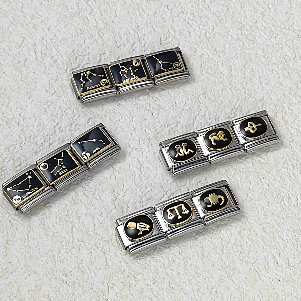 New 12 Constellation Series Italian Modular Bracelet, Stainless Steel Welded Gold Plated Oil Drip DIY Pattern Bangle