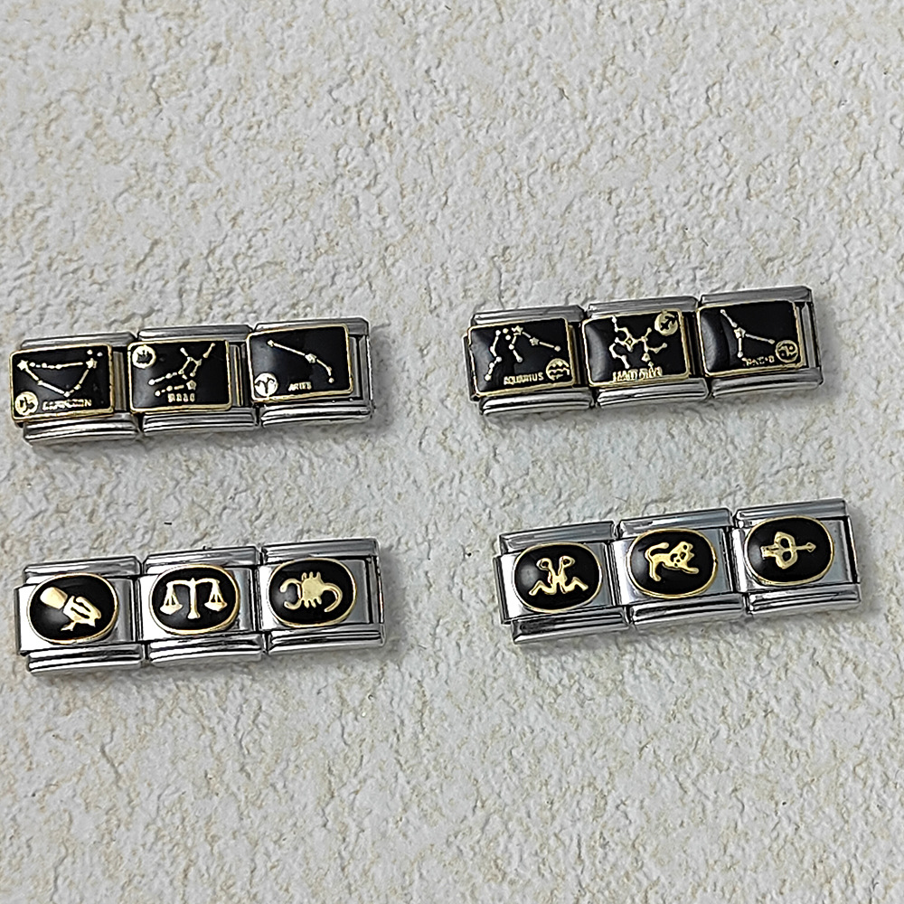 Italian modular bracelet, black welded gold-plated, oil-sprinkled, 12 zodiac sign DIY pattern stainless steel bracelet.