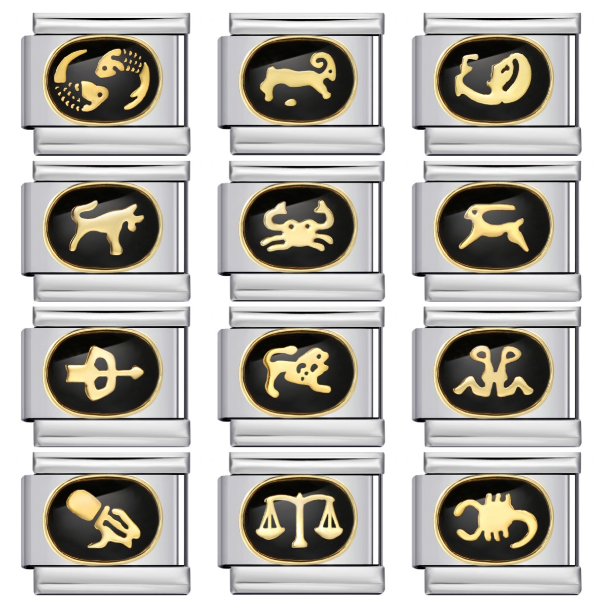 Italian modular bracelet, black welded gold-plated, oil-sprinkled, 12 zodiac sign DIY pattern stainless steel bracelet.