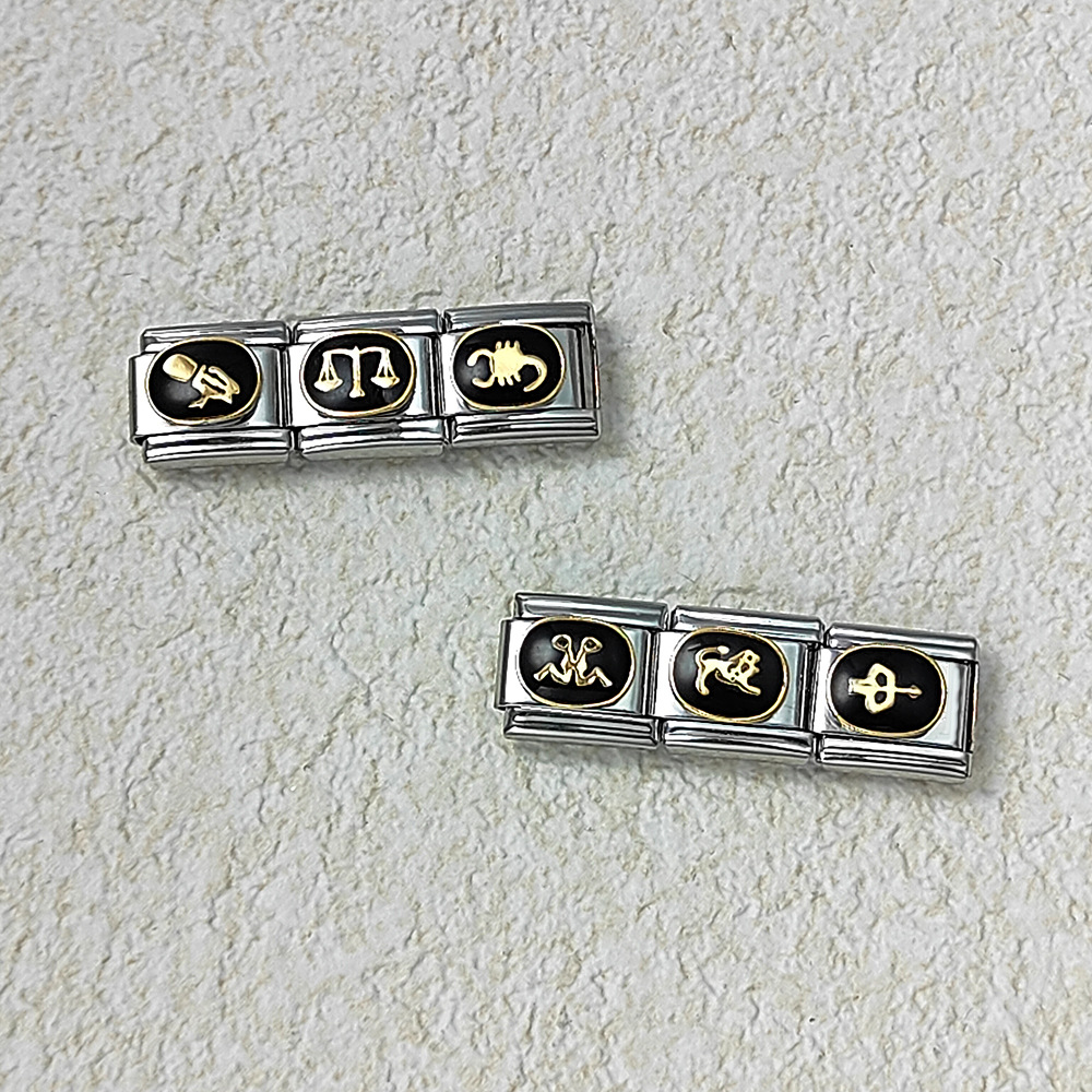 Italian modular bracelet, black welded gold-plated, oil-sprinkled, 12 zodiac sign DIY pattern stainless steel bracelet.