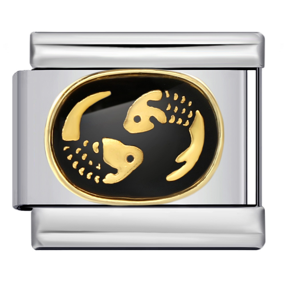 Italian modular bracelet, black welded gold-plated, oil-sprinkled, 12 zodiac sign DIY pattern stainless steel bracelet.