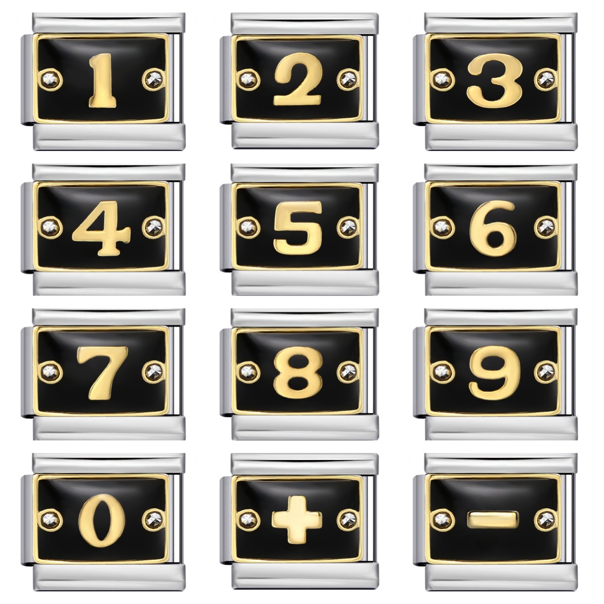 Black Italian modular bracelet with rhinestone numbers, titanium steel welded, gold-plated, and oil-splashed design; freely combinable bangle.