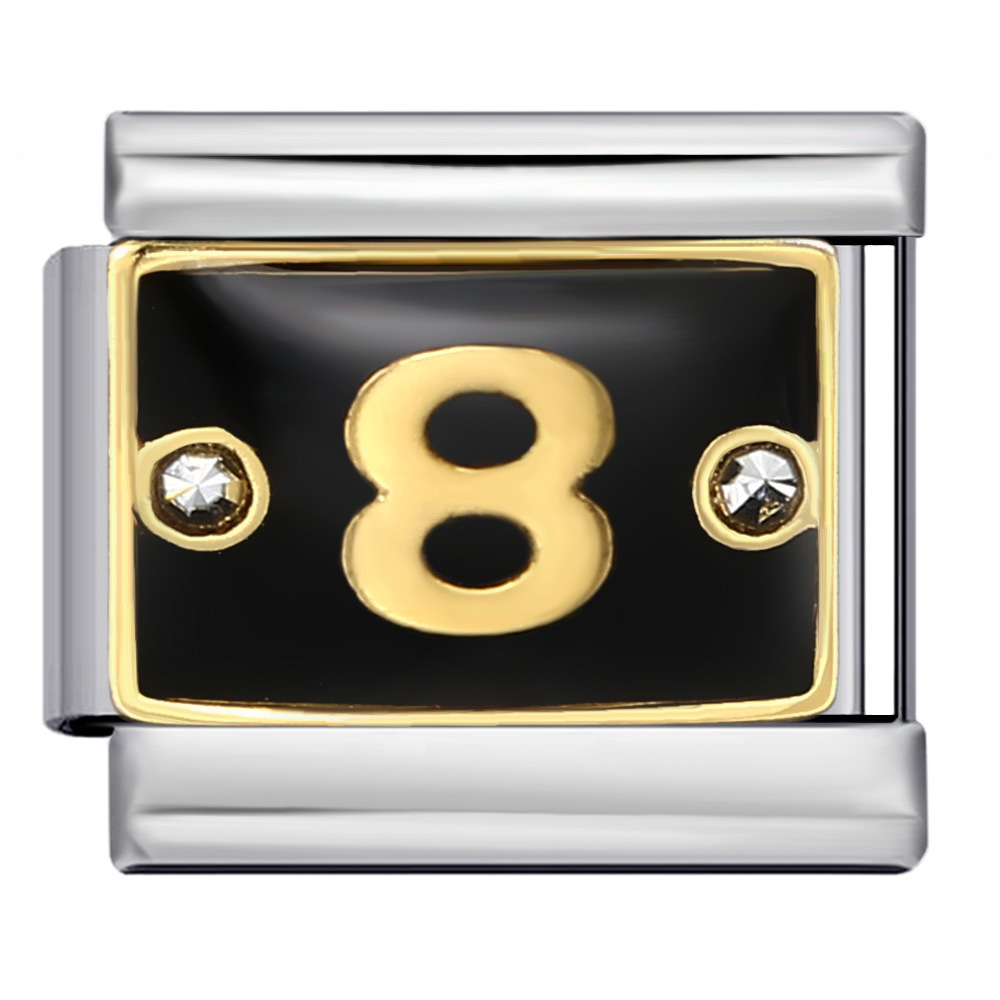 Black Italian modular bracelet with rhinestone numbers, titanium steel welded, gold-plated, and oil-splashed design; freely combinable bangle.