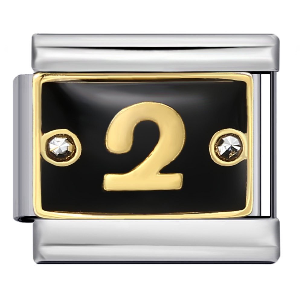 Black Italian modular bracelet with rhinestone numbers, titanium steel welded, gold-plated, and oil-splashed design; freely combinable bangle.