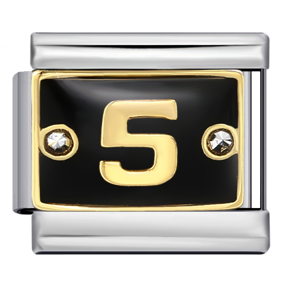 Black Italian modular bracelet with rhinestone numbers, titanium steel welded, gold-plated, and oil-splashed design; freely combinable bangle.