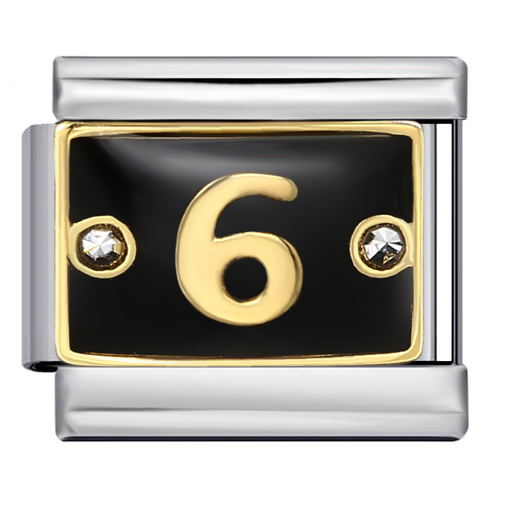 Black Italian modular bracelet with rhinestone numbers, titanium steel welded, gold-plated, and oil-splashed design; freely combinable bangle.
