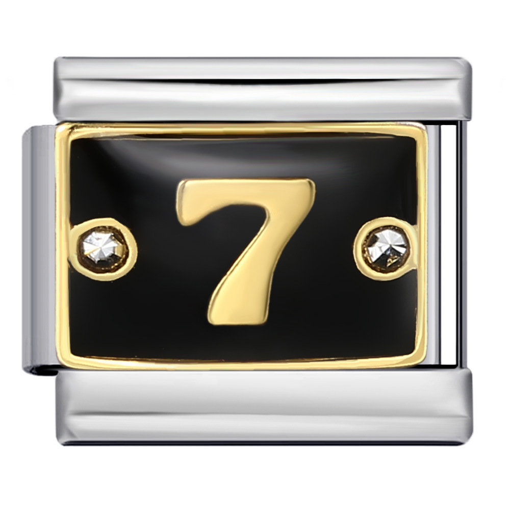 Black Italian modular bracelet with rhinestone numbers, titanium steel welded, gold-plated, and oil-splashed design; freely combinable bangle.
