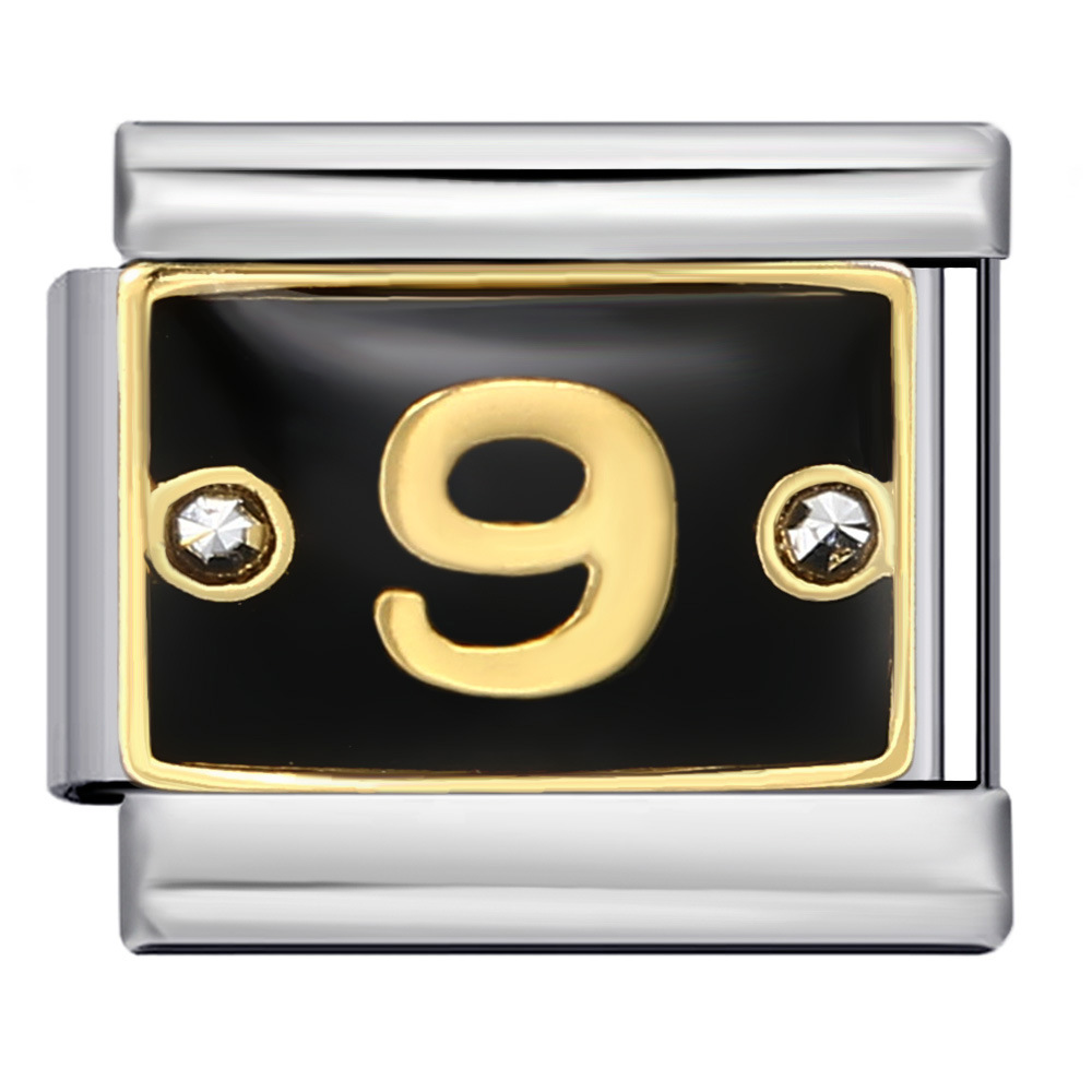 Black Italian modular bracelet with rhinestone numbers, titanium steel welded, gold-plated, and oil-splashed design; freely combinable bangle.