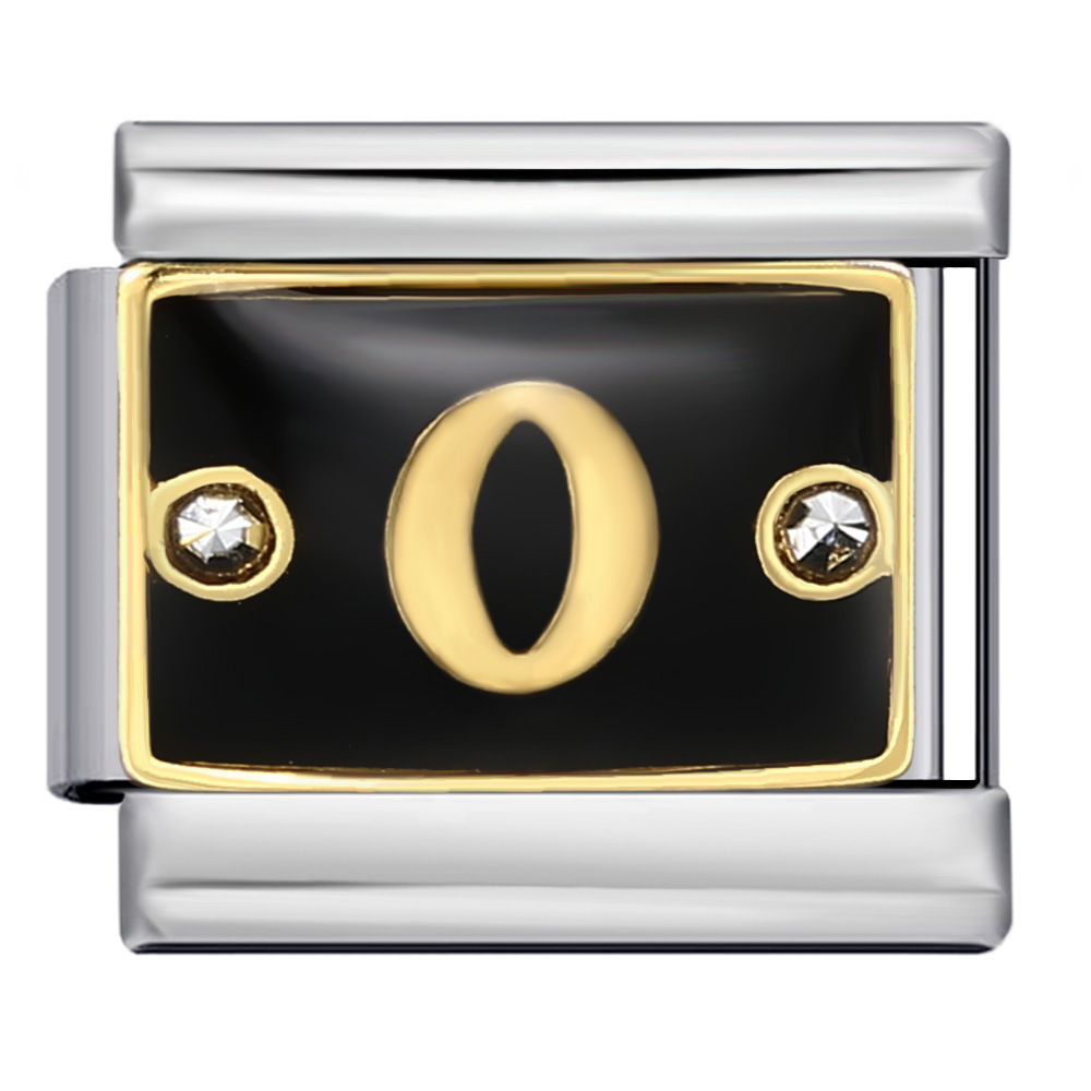 Black Italian modular bracelet with rhinestone numbers, titanium steel welded, gold-plated, and oil-splashed design; freely combinable bangle.
