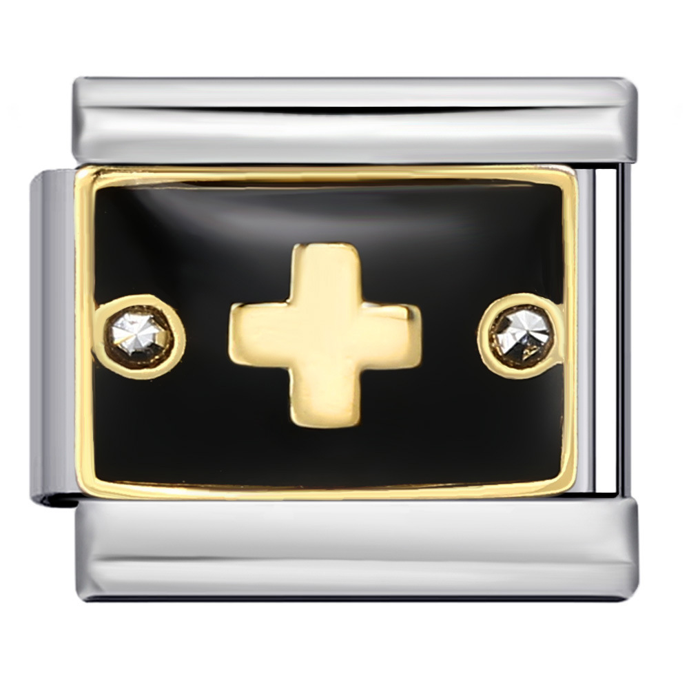Black Italian modular bracelet with rhinestone numbers, titanium steel welded, gold-plated, and oil-splashed design; freely combinable bangle.