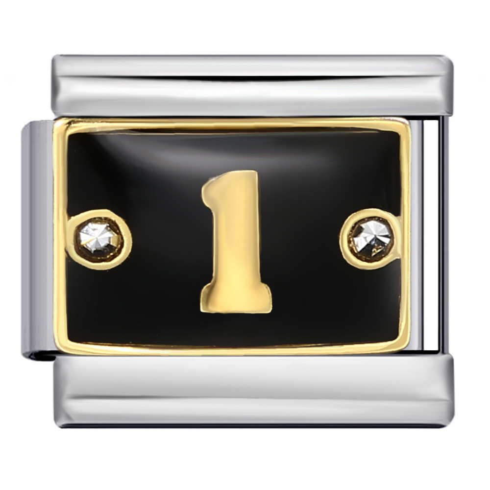 Black Italian modular bracelet with rhinestone numbers, titanium steel welded, gold-plated, and oil-splashed design; freely combinable bangle.
