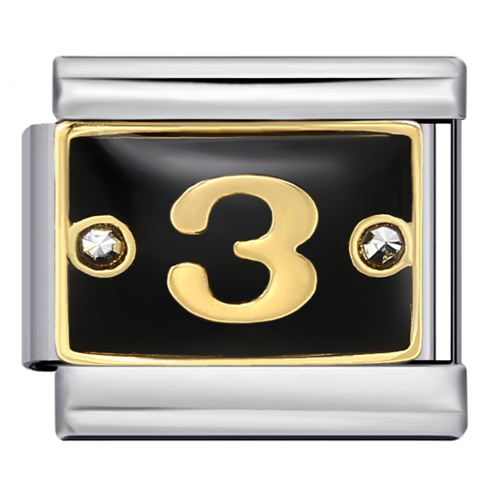 Black Italian modular bracelet with rhinestone numbers, titanium steel welded, gold-plated, and oil-splashed design; freely combinable bangle.