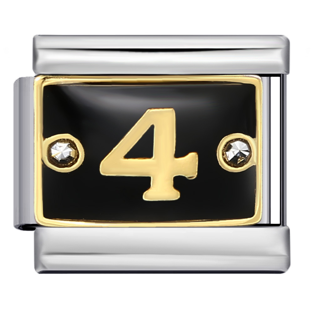 Black Italian modular bracelet with rhinestone numbers, titanium steel welded, gold-plated, and oil-splashed design; freely combinable bangle.