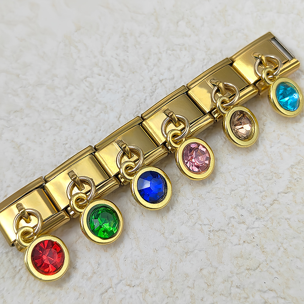 12 Birthstones Gold-Based Round Pendant Italian Modular Bracelet with Titanium Steel Welded Hook - Fashionable and Versatile Bangle