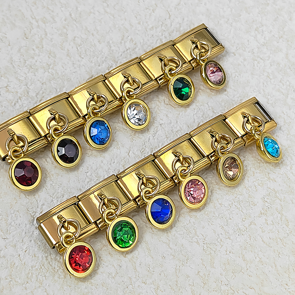 12 Birthstones Gold-Based Round Pendant Italian Modular Bracelet with Titanium Steel Welded Hook - Fashionable and Versatile Bangle