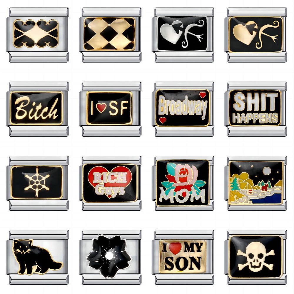 Black gold-plated, dripping oil cartoon DIY Italian modular bracelet with unique welding patterns, stainless steel bangle.