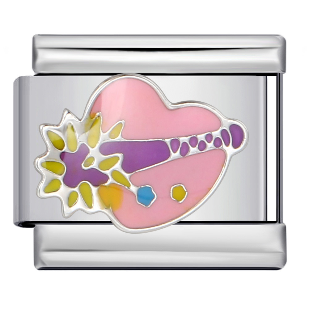 DIY Italian modular bracelet with colorful dripping heart elements, welded pattern, elastic splicing stainless steel bangle.