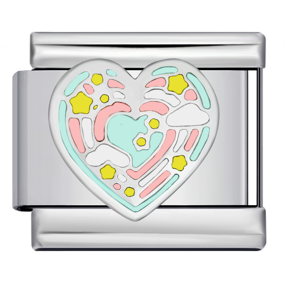 DIY Italian modular bracelet with colorful dripping heart elements, welded pattern, elastic splicing stainless steel bangle.