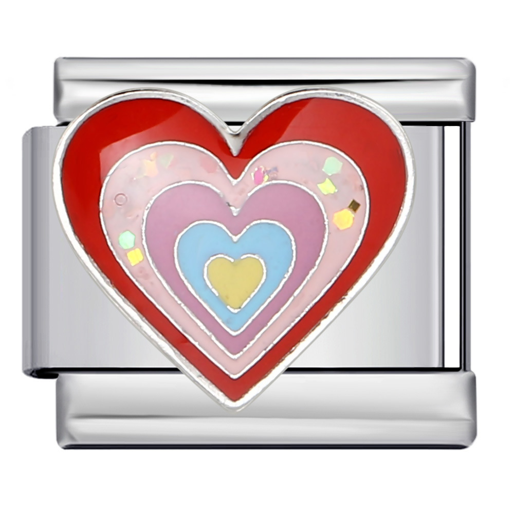 DIY Italian modular bracelet with colorful dripping heart elements, welded pattern, elastic splicing stainless steel bangle.