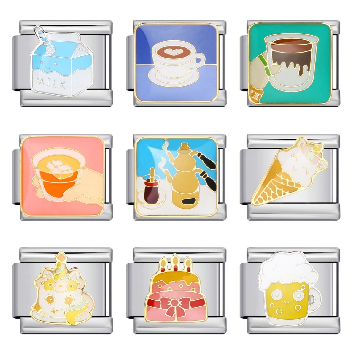Food Series Italian Modular Bracelet, Titanium Steel Welded Oil-Drip Cartoon Pattern DIY Elastic Patchwork Bracelet