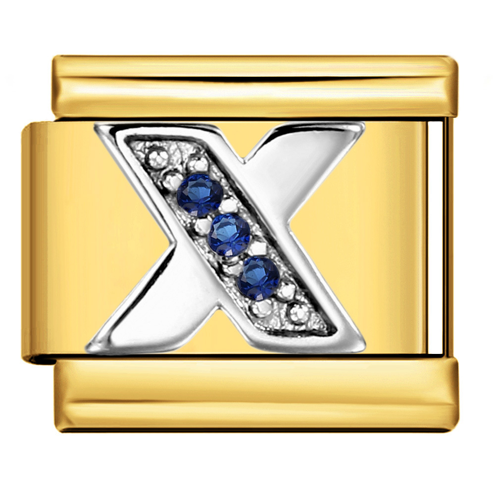 Italian modular bracelet with gold base, blue diamond lettering, DIY stainless steel elastic assembly and welding.