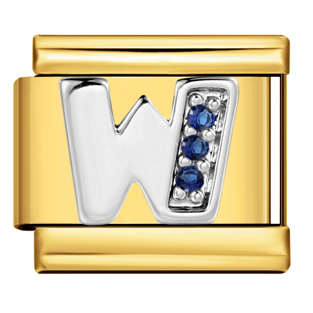 Italian modular bracelet with gold base, blue diamond lettering, DIY stainless steel elastic assembly and welding.